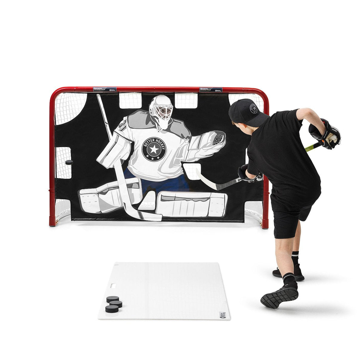 Extreme Better Hockey Goalie shooting tarp mounted on a full-size hockey goal