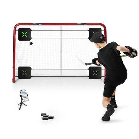 XDT Xtreme smart shooting targets mounted in the corners of a hockey goal