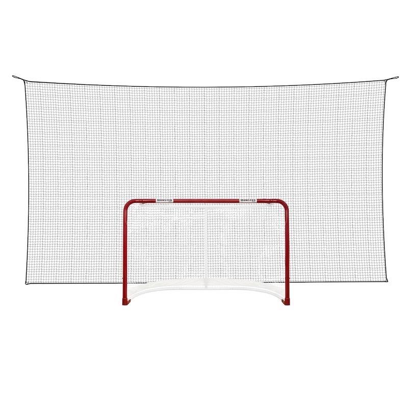 Full-size regulation hockey goal with backstop net installed behind it for a home shooting setup